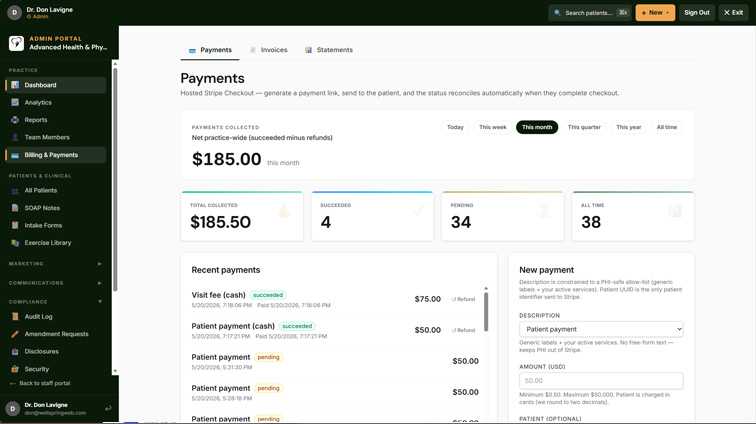 ChiroFlow billing screen — invoices, card payments, CMS-1500 superbills, and A/R aging