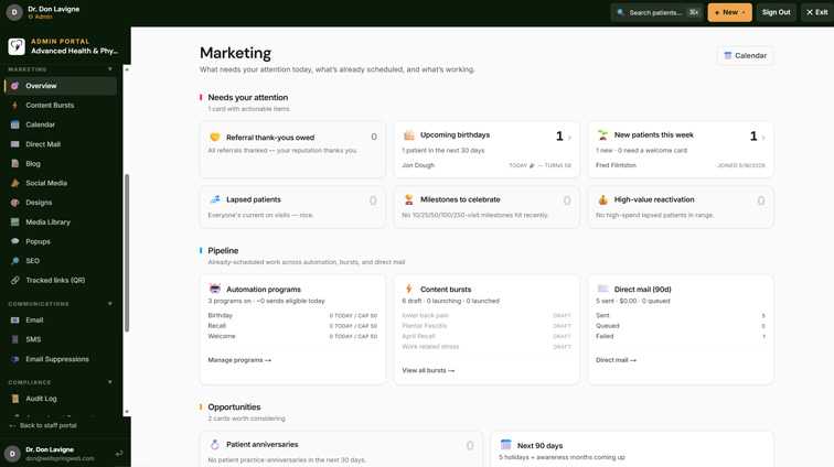 ChiroFlow marketing engine — postcard campaigns, AI blog and social studios