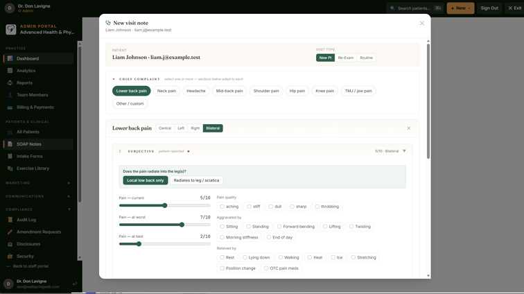 ChiroFlow SOAP note — structured exam grids with per-region detail and compliance tracking