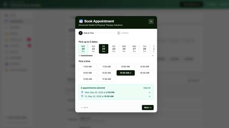ChiroFlow scheduling screen — week calendar of booked appointments with the online booking page beside it